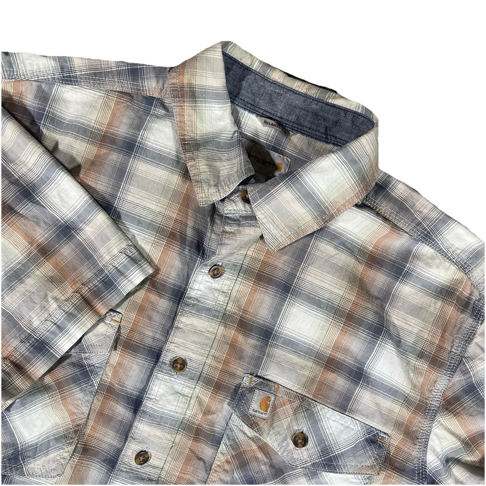 Carhartt Relaxed Fit Short-Sleeve Plaid Button-Up Work Shirt Large Tall Beige